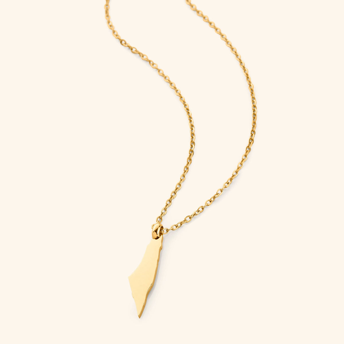 A delicate gold necklace with a pendant shaped like a map of a country. The necklace has a thin gold chain. The pendant is displayed on a light beige background.