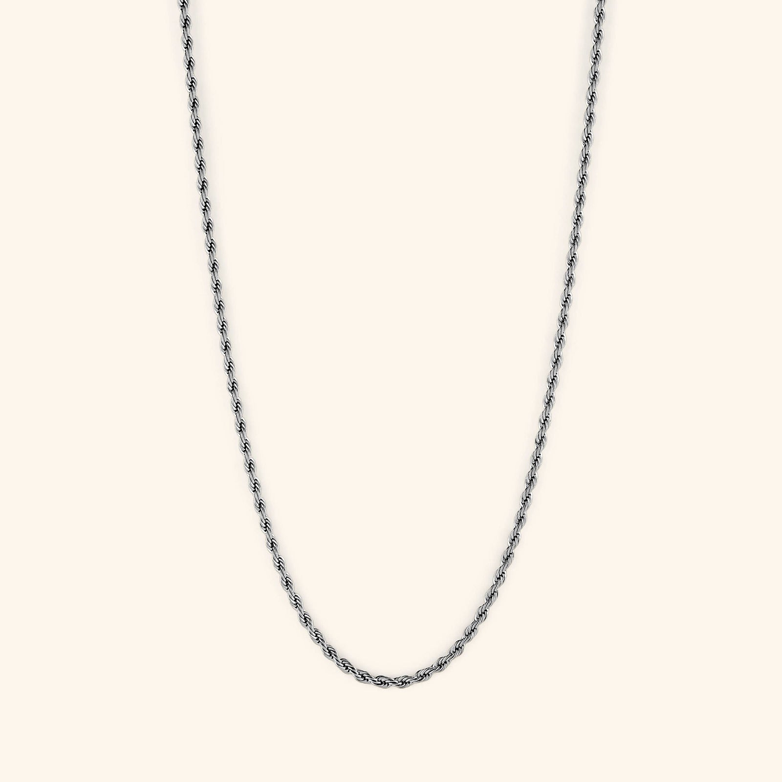 Photo of the silver Rope Chain Necklace against a light background.