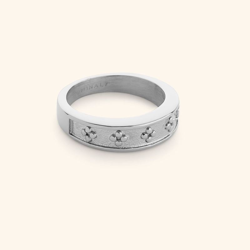 Silver Dotted Henna Ring displayed on a neutral background pimage_ featuring the same textured dotted floral engravings.