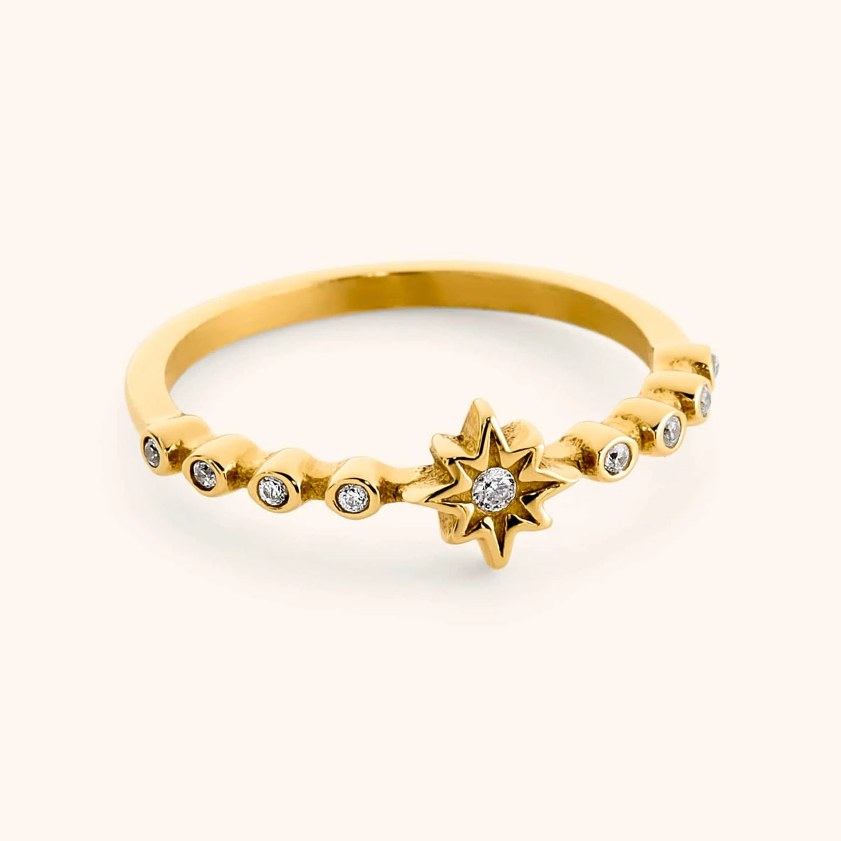 18k gold-plated North Star Bezel Ring featuring an eight-pointed star centerpiece flanked by bezel-set clear crystals.