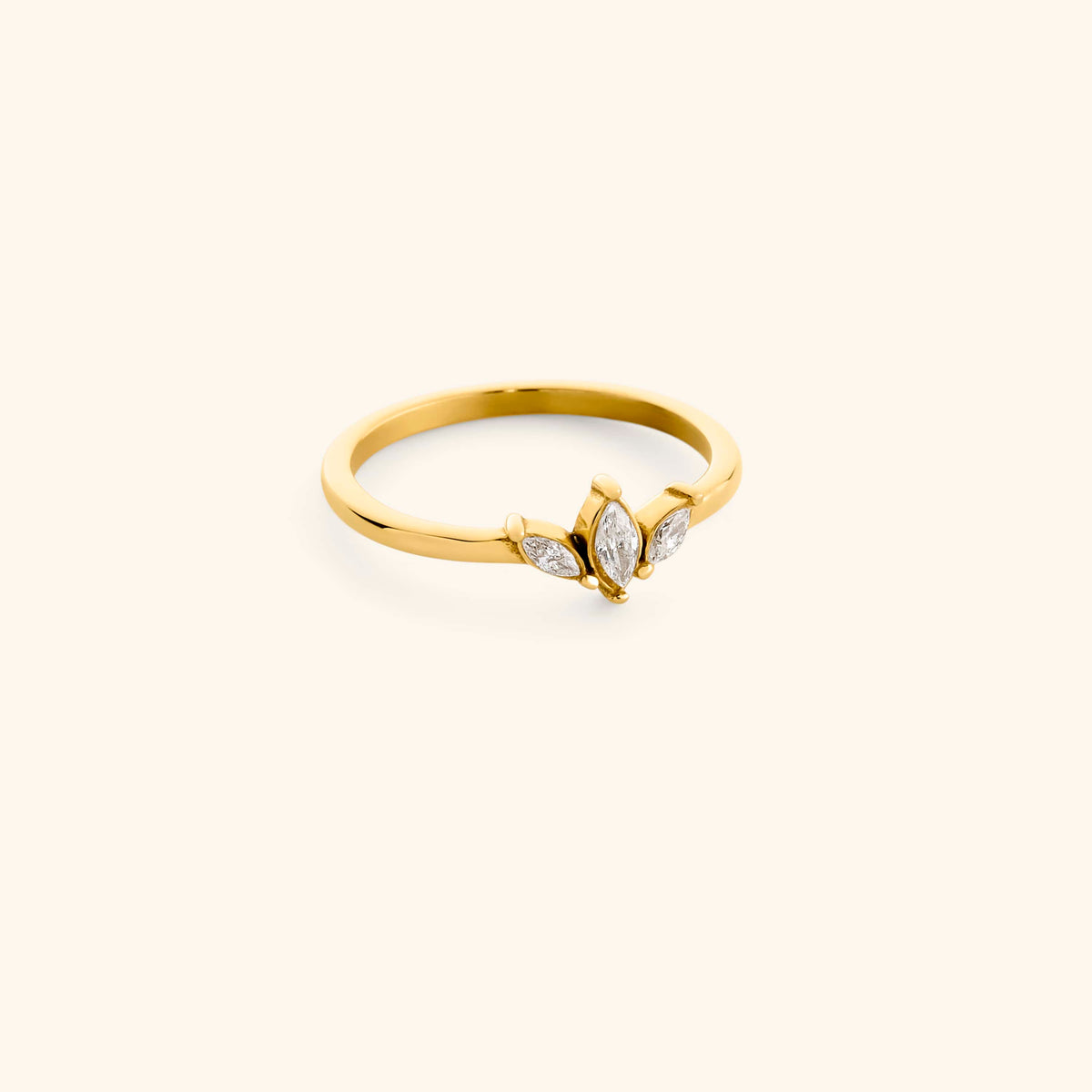 18k gold-plated Triple Marquise Bezel Ring featuring three marquise-cut clear crystals set in a fan cluster arrangement.