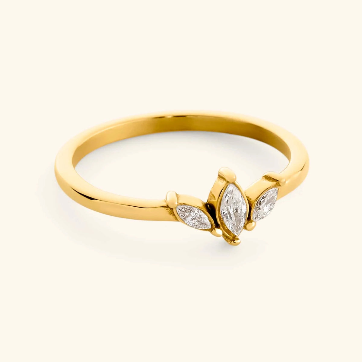 18k gold-plated Triple Marquise Bezel Ring featuring three marquise-cut clear crystals set in a fan cluster arrangement.