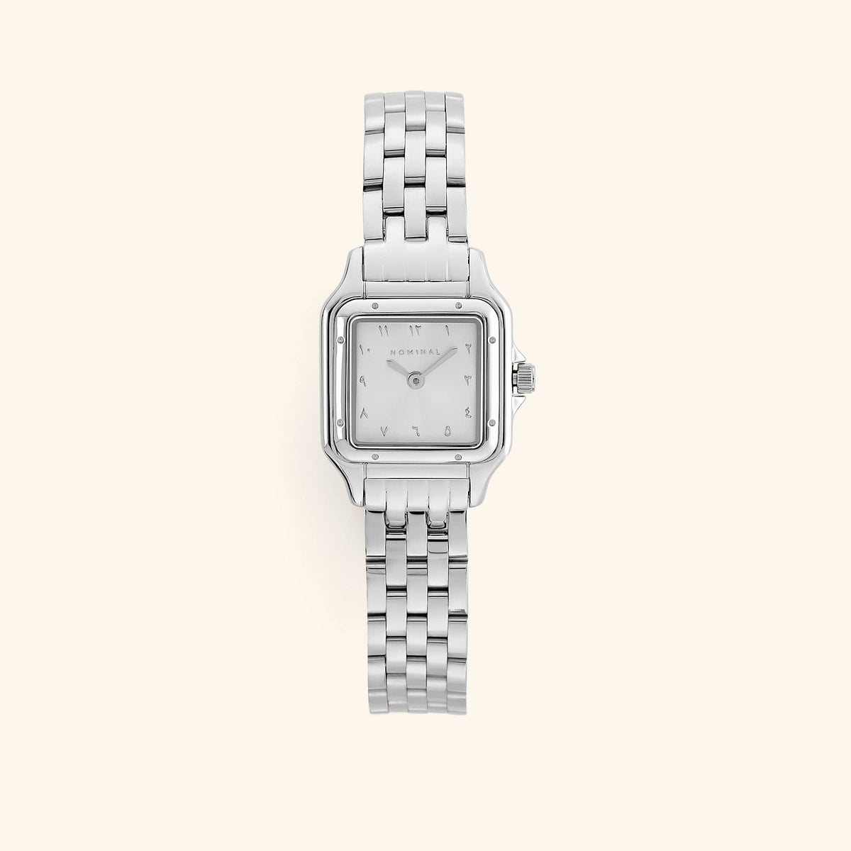 A silver analog watch that features a rectangular face and a monochromatic face design.