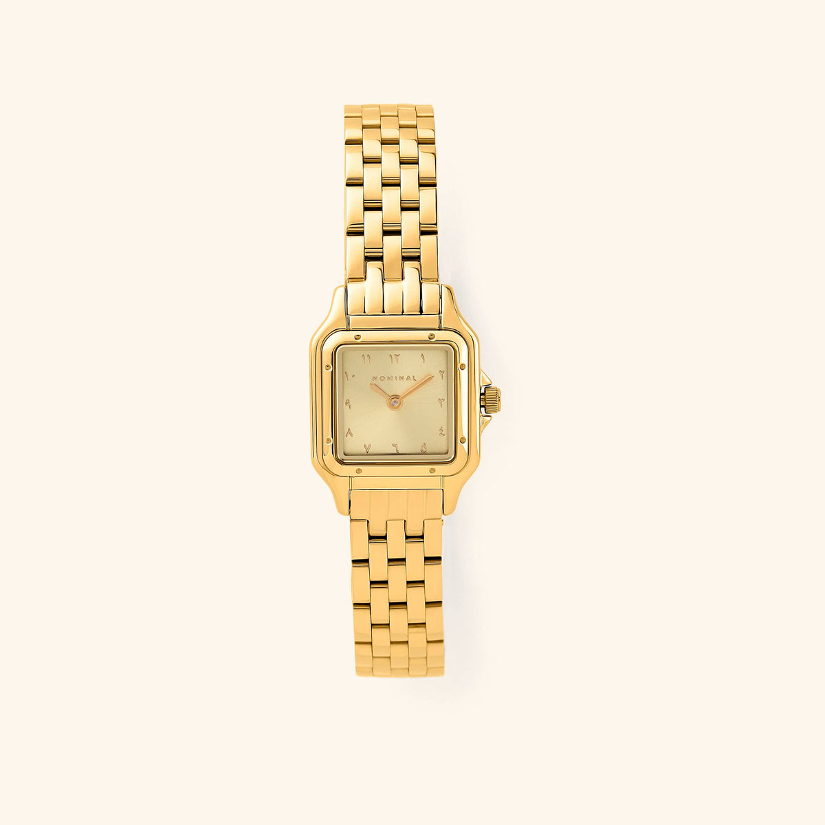 Photo of the Golden Hour watch featuring a monochromatic gold finish with a rectangular face.