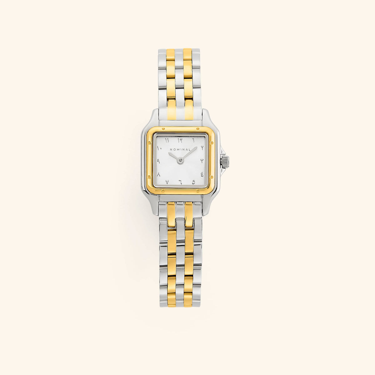 A two-tone silver and gold combination with a rectangular face and a monochromatic face.