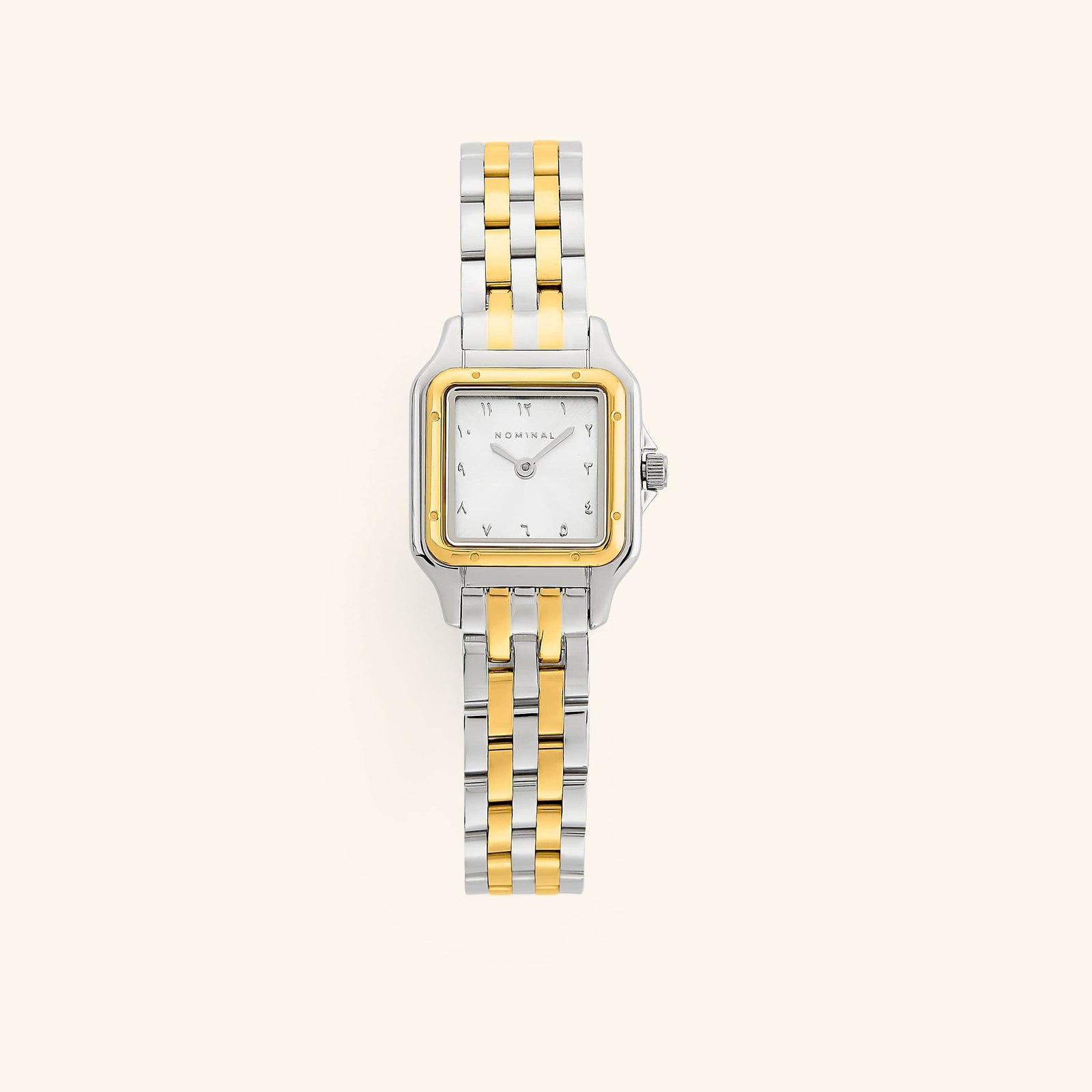 A two-tone silver and gold combination with a rectangular face and a monochromatic face.