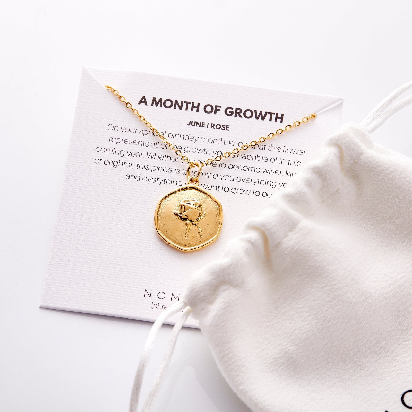 The June | Birth Flower Pendant  displayed on its packaging that features the description of the item