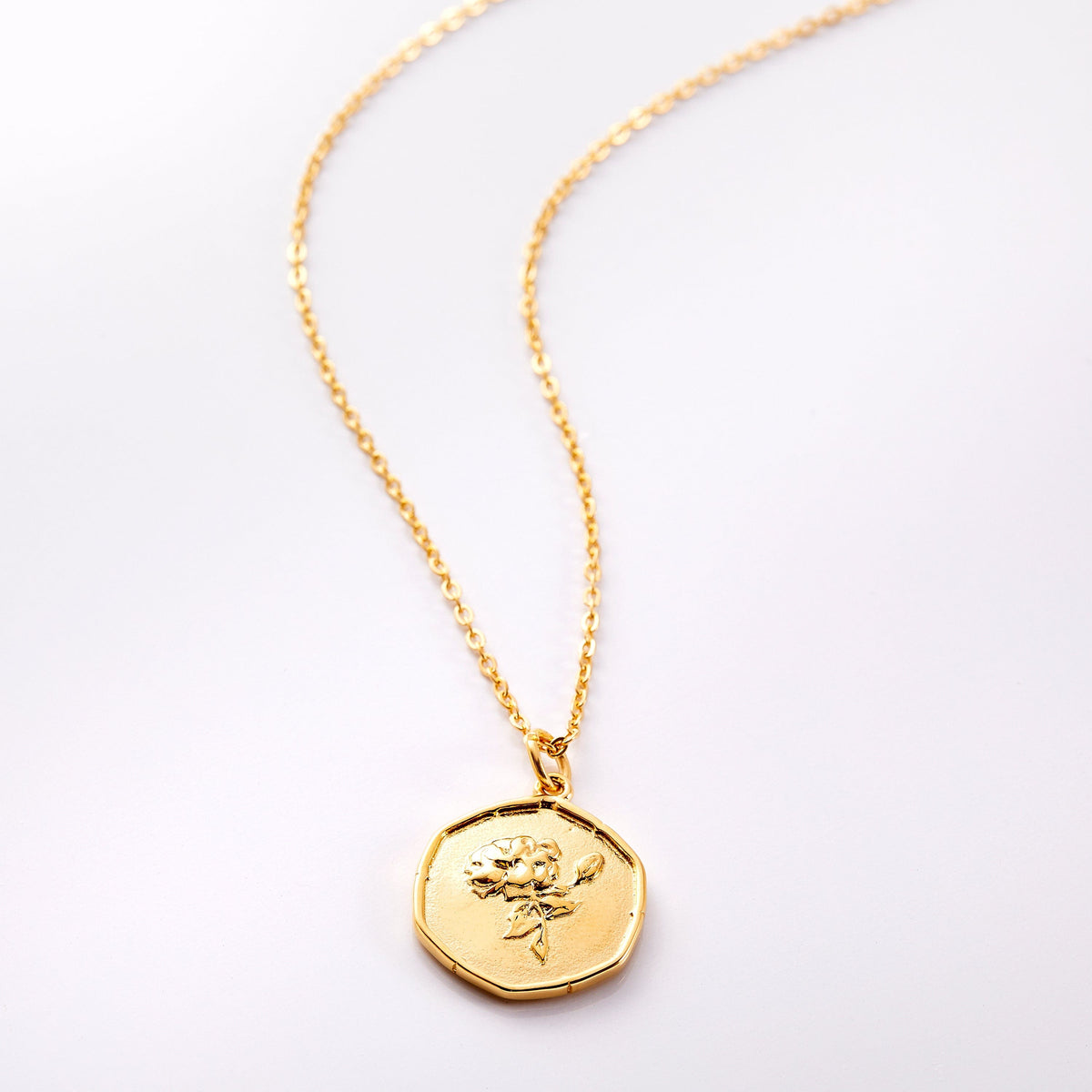 An 18k gold plated necklace laid flat on a light background. The Birth Flower collection highlights the flower of your birth month or the month of a loved one on a vintage-style ridged pendant 