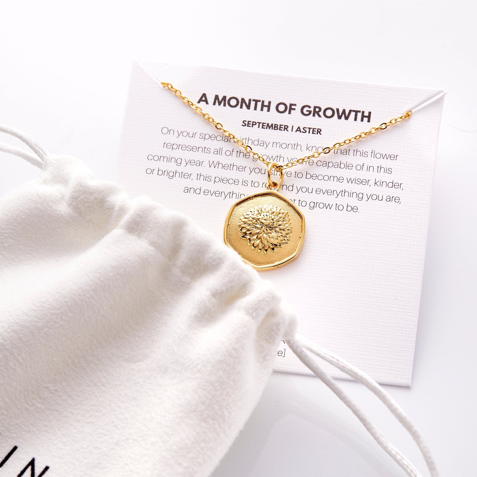 The gold September | Birth Flower Pendant displayed on the Nominal packaging that also features the description of the jewelry.