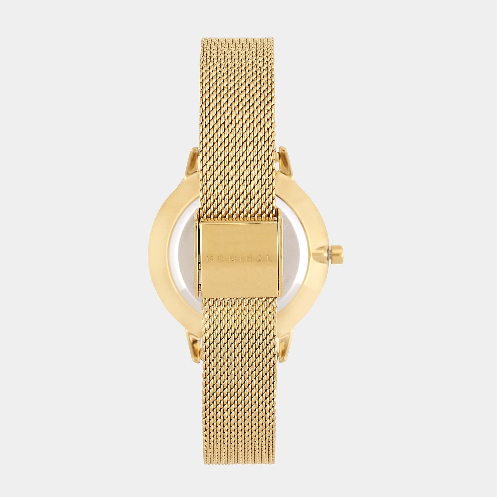 Back of a gold mesh strap watch against  a neutral background.