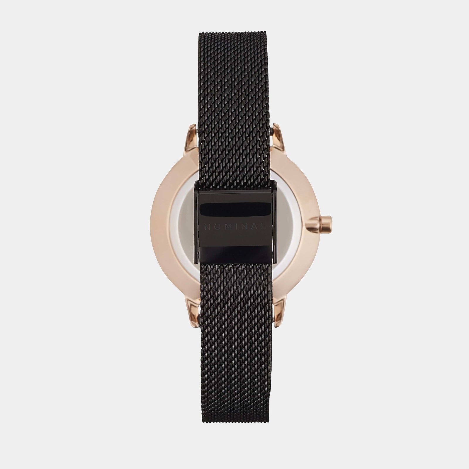 Close-up of the back of a black mesh watch with rose gold details against a neutral background.